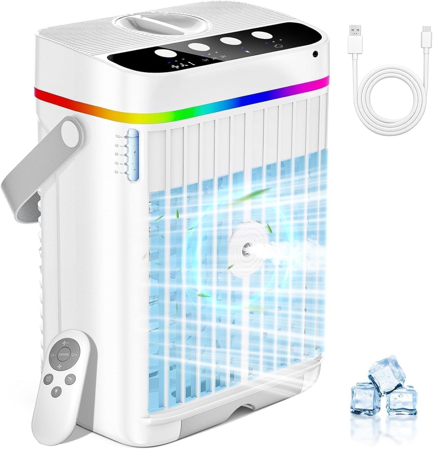 Mini Climatiseur Portable, 4 En 1, Petite Unité AC Pour Chambre à Coucher, Ventilateur De Refroidissement Avec 3 Vitesses Et Brume Froide, Lumière LED, Modes De Fonction Minutée, Unité De