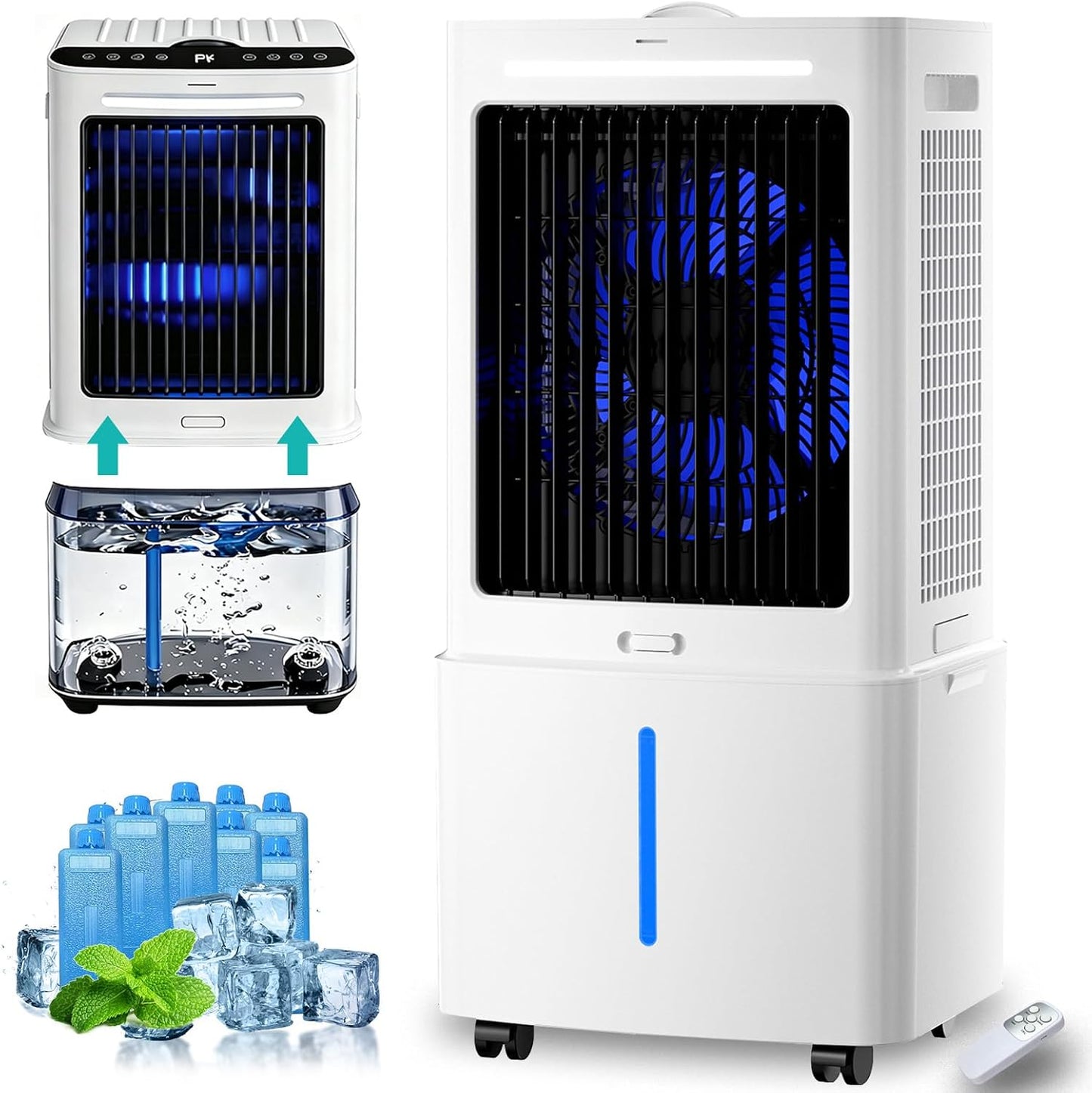 Rafraîchisseur D'air Évaporatif 12L (Alternative Climatiseur Mobile Sans Évacuation), 800 M³/h Puissant Portable, 3-en-1 Ventilateur & Humidificateur Avec Télécommande, Minuteur 12H, 6 Pains De Glace