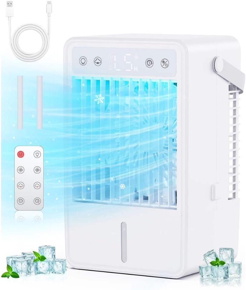  Refroidisseur D'Air Silencieux 900ML | Climatiseur Mobile 3 Modes & 2 Brumisation | Climatiseur Portable Minuterie 2/4/6 Hour | Compatible USB | Lumière LED - Idéal Pour Dortoir/Chambre/Bureau/Camping