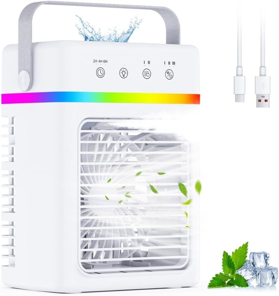  Refroidisseur D'Air Silencieux 900ML | Climatiseur Mobile 3 Modes & 2 Brumisation | Climatiseur Portable Minuterie 2/4/6 Hour | Compatible USB | Lumière LED - Idéal Pour Dortoir/Chambre/Bureau/Camping
