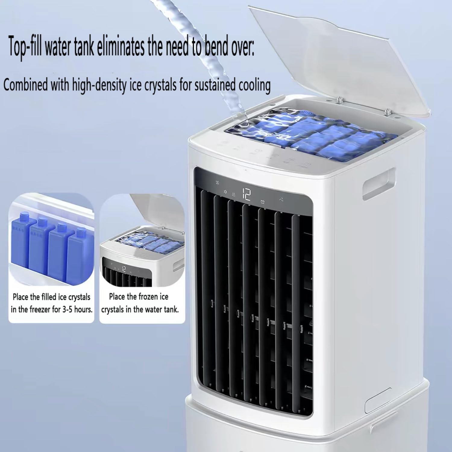 GENERIC Refroidisseur D'air évaporatif De Ventilateur De Climatisation Portable Avec Réservoir D'eau 12L Et 2 Packs De Glace 60W Efficace D'énergie 3 Vitesses 90° Oscillation 35dB Unité De Refroidissement De