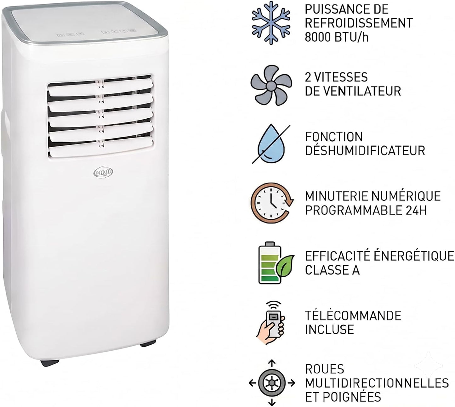  ARGO - Climatiseur Mobile Compact Étienne - 3 Fonctions Refroidissement Ventilation Déshumidification - 8000 BTU/h - Classe Énergétique A - Blanc - 69 X 32.8 X 33.4 Cm - ARG-ETIENNE