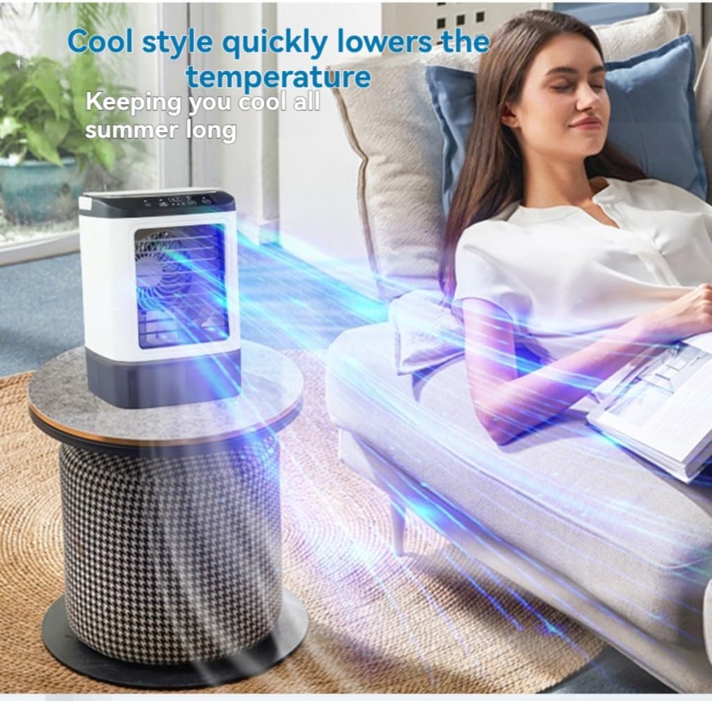  Ventilateur Portable 3 En 1 Avec Refroidissement à Eau, Climatiseur Silencieux Avec éclairage, Alimenté Par USB, 3 Vitesses, Double Brume, Réservoir D'eau De 900 Ml, Ventilateur De Table Pour La