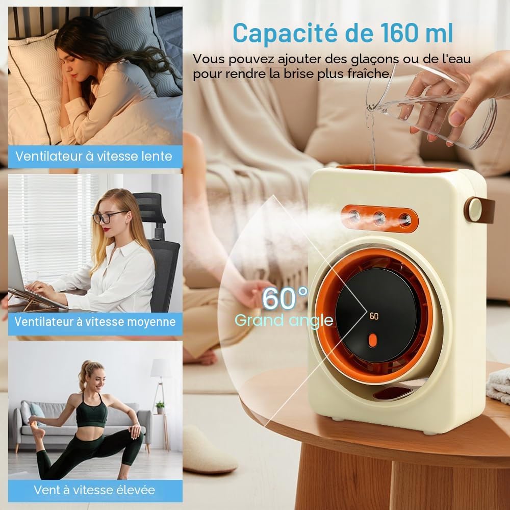  Ventilateur Silencieux Brumisateur, Mini Climatiseur Portable, Ventilateur Bureau Usb Avec 5 Vitesses Et Minuterie,Ventilateur Rechargeable Pour Maison,Voiture,Camping