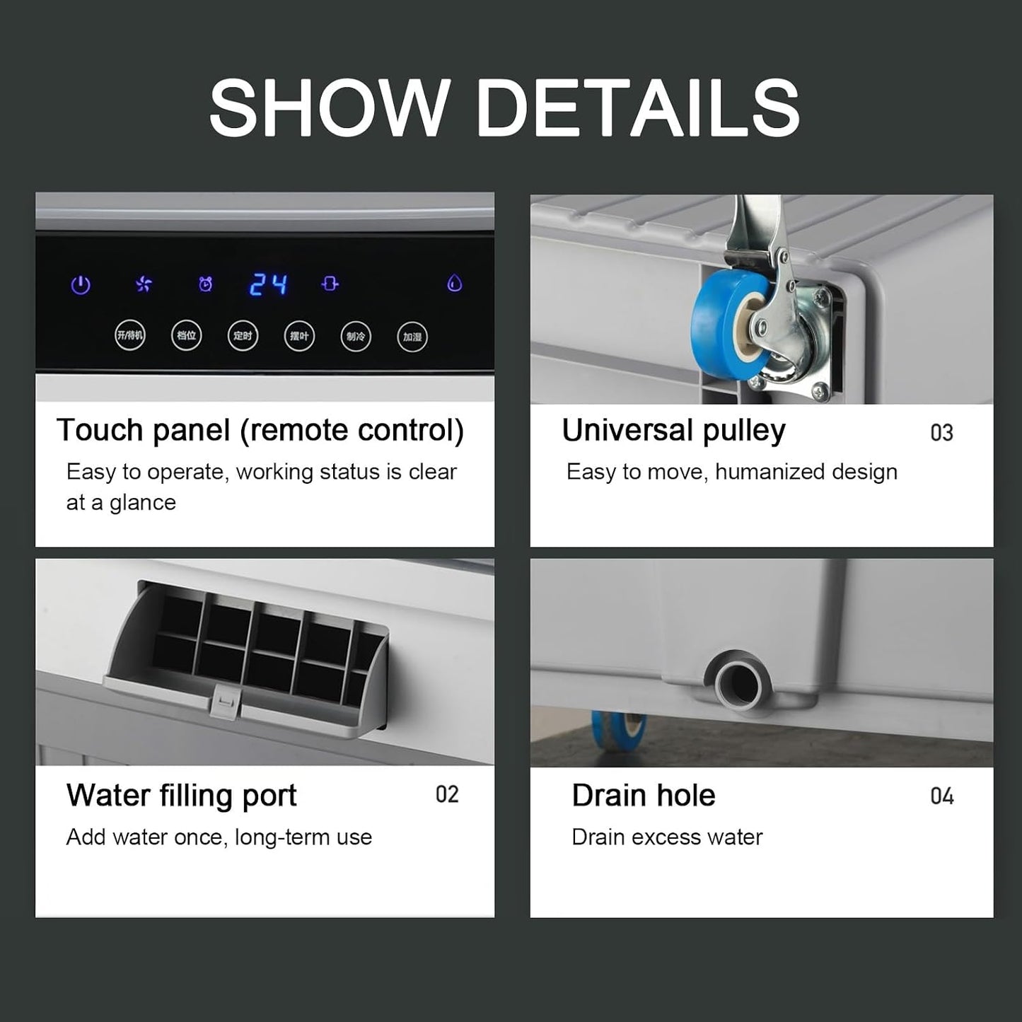  Refroidisseur D'air Par évaporation - Réservoir D'eau De 60 Litres, Climatiseur Portable Avec Minuterie De 12 Heures, 4 Blocs De Glace, Oscillation 120°/60° Pour Garage Et Usage Commercial