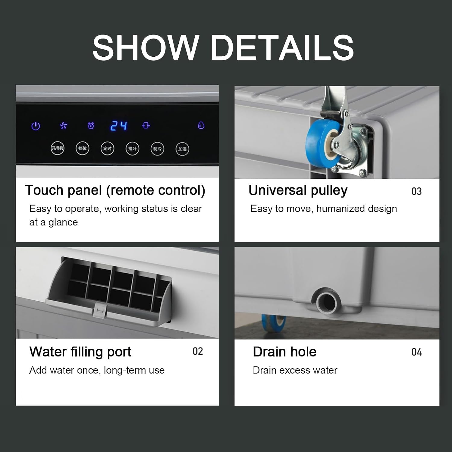  Refroidisseur D'air Par évaporation - Réservoir D'eau De 60 Litres, Climatiseur Portable Avec Minuterie De 12 Heures, 4 Blocs De Glace, Oscillation 120°/60° Pour Garage Et Usage Commercial