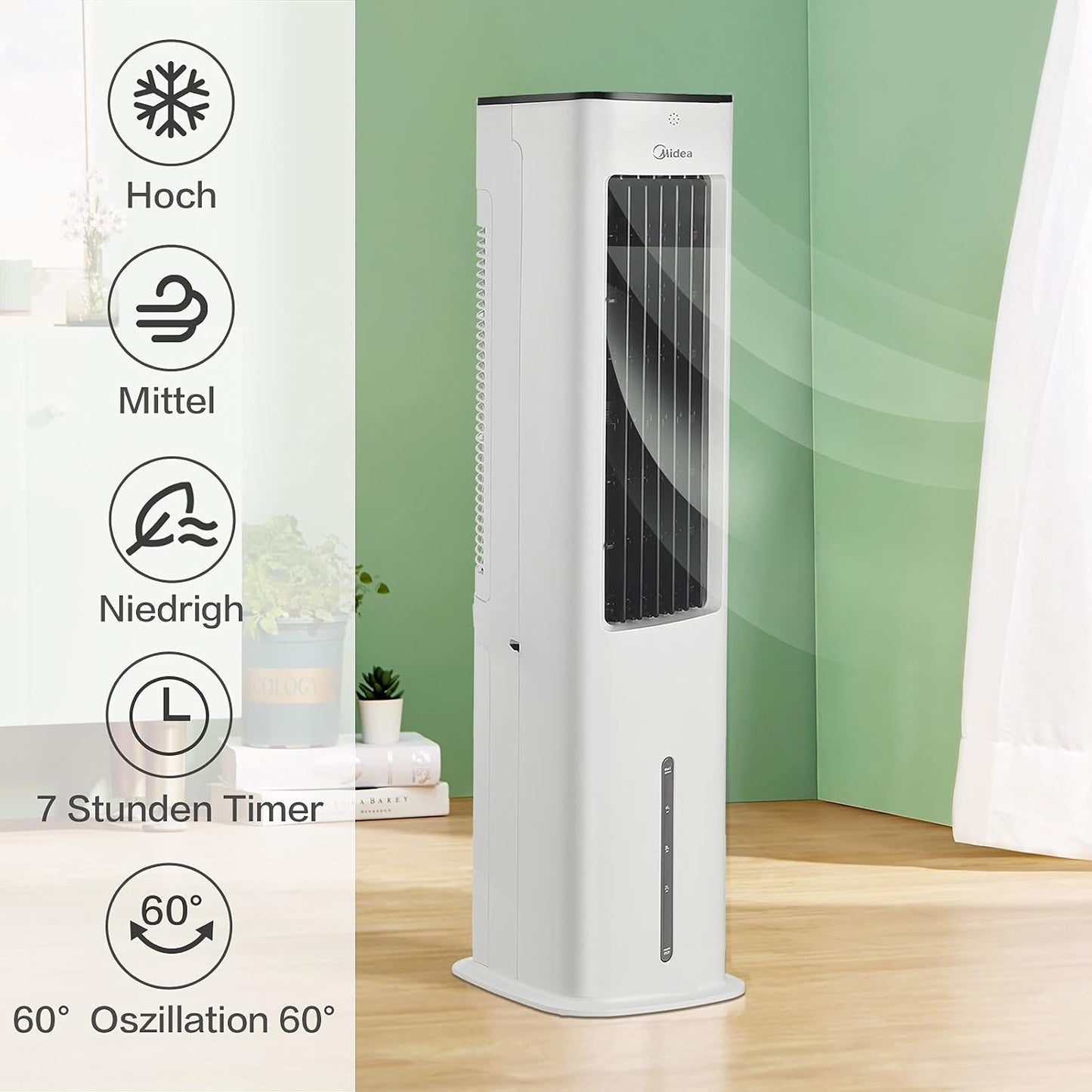  Midea Refroidisseur D'air 4 En 1, Ventilateur Avec Refroidissement à Eau 5L, Humidificateur Et Ionisation, Climatiseur Sans Tuyau D'évacuation, 355m³/h, Avec Télécommande, 55W, Blanc