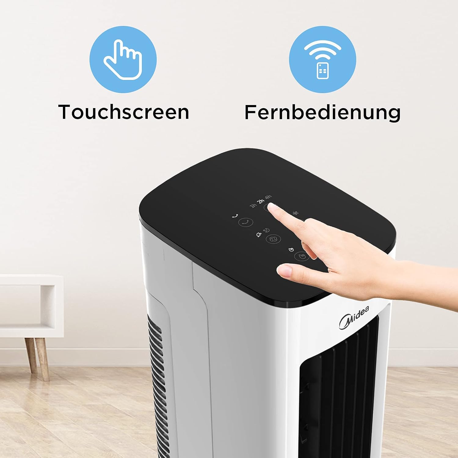  Midea Refroidisseur D'air 4 En 1, Ventilateur Avec Refroidissement à Eau 5L, Humidificateur Et Ionisation, Climatiseur Sans Tuyau D'évacuation, 355m³/h, Avec Télécommande, 55W, Blanc