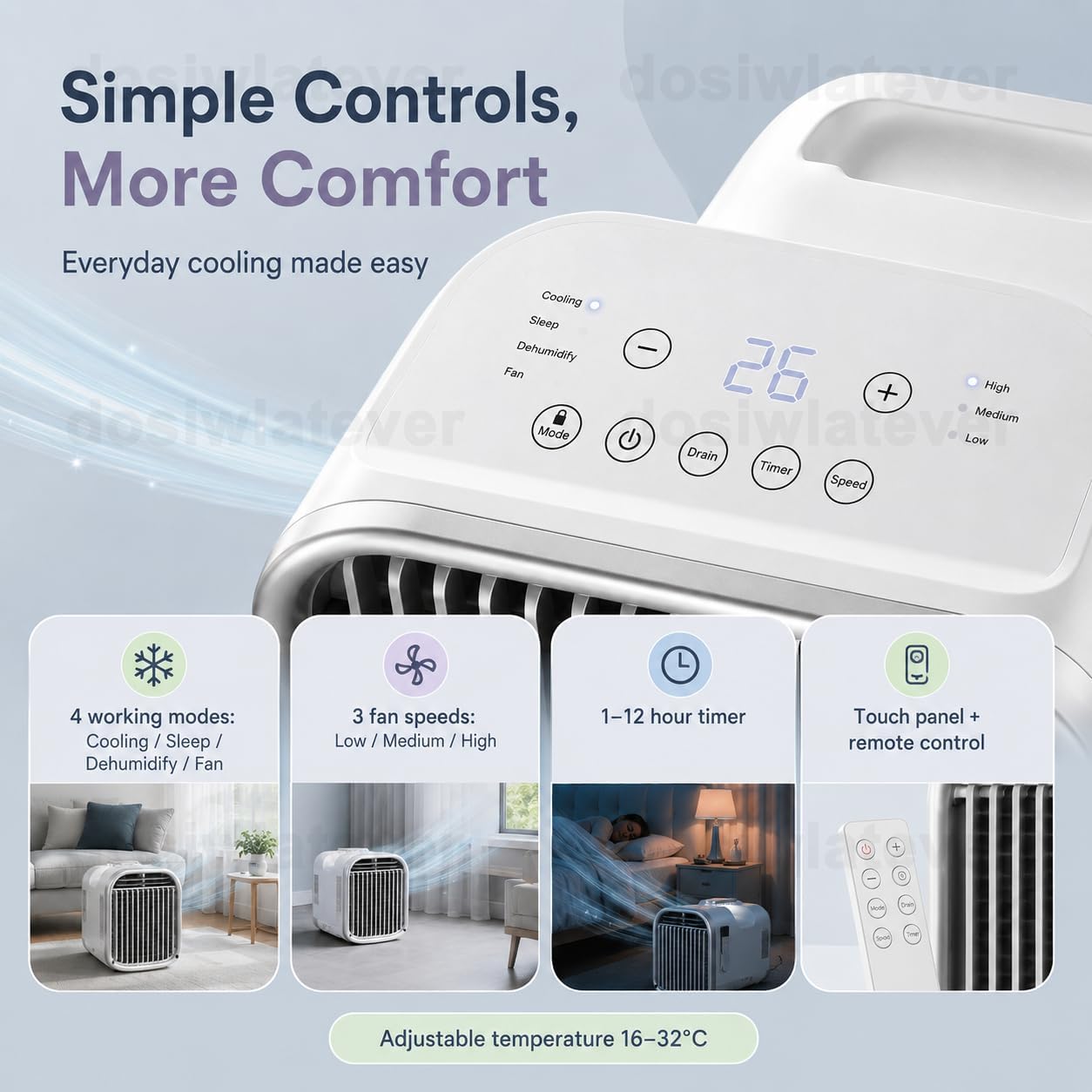  Climatiseur Mobile Silencieux 4100-5100 BTU 1200W/1500W, Refroidissement Rapide 8-10m², Clim Portable Sans Installation, Usage Chambre Bureau Tente Camping White-V1pro220V