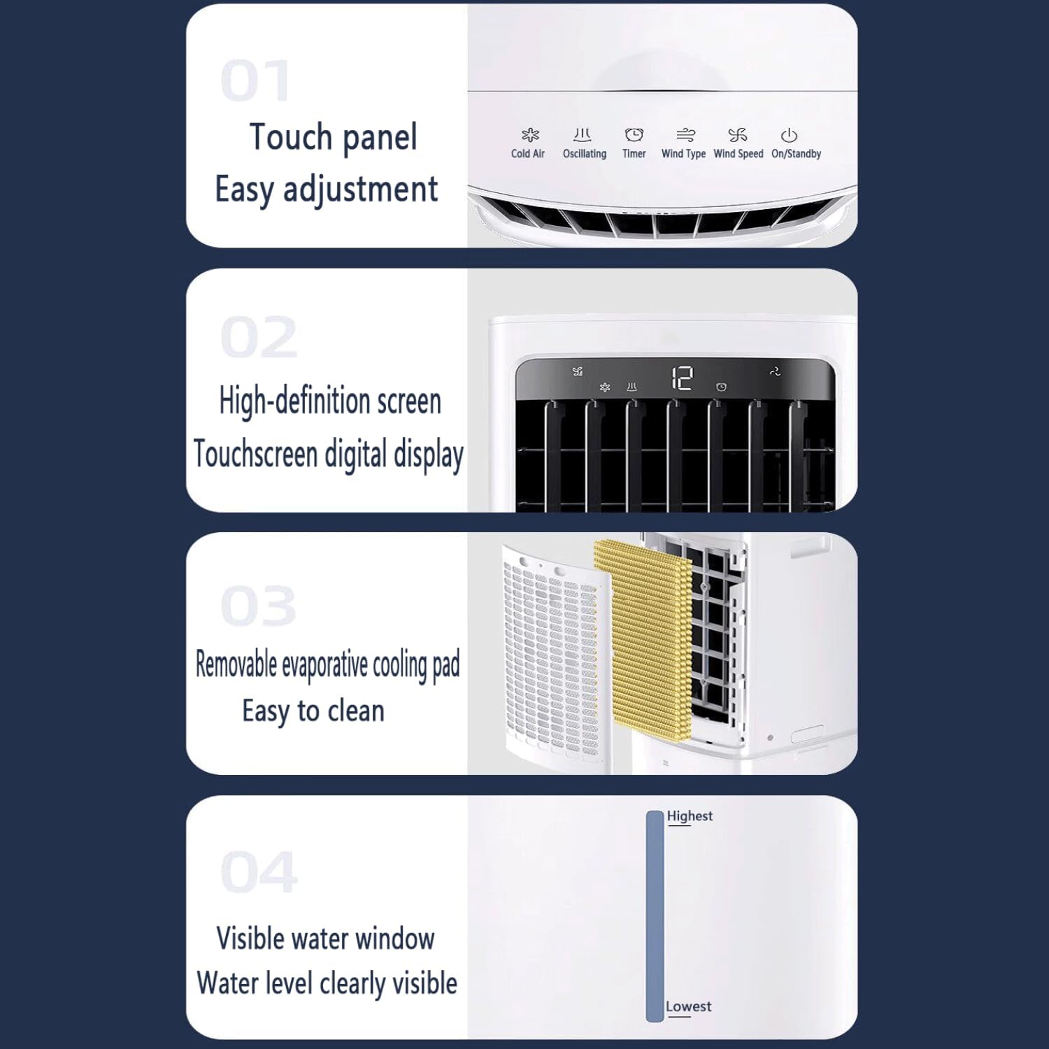 GENERIC Refroidisseur D'air évaporatif De Ventilateur De Climatisation Portable Avec Réservoir D'eau 12L Et 2 Packs De Glace 60W Efficace D'énergie 3 Vitesses 90° Oscillation 35dB Unité De Refroidissement De