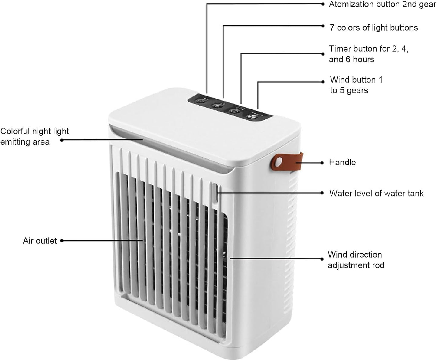  Climatiseur Portable Moteur Puissant 2 Modes De Brume De Refroidissement Ventilateur 5 Vitesses 7 LED Pour La Maison, Le Bureau, Le Dortoir, Le Camping Avec Réservoir De 680 Ml