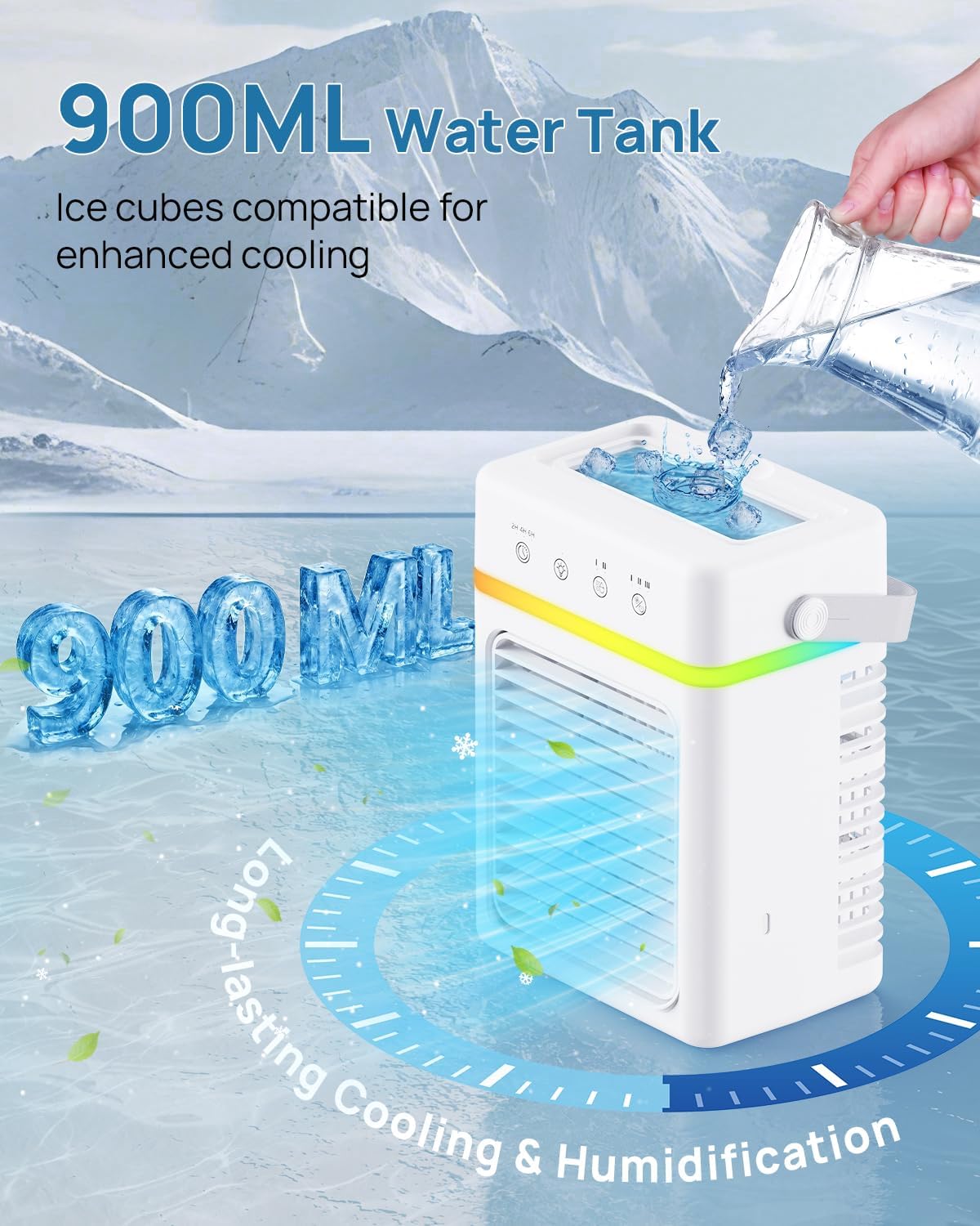  Refroidisseur D'Air Silencieux 900ML | Climatiseur Mobile 3 Modes & 2 Brumisation | Climatiseur Portable Minuterie 2/4/6 Hour | Compatible USB | Lumière LED - Idéal Pour Dortoir/Chambre/Bureau/Camping