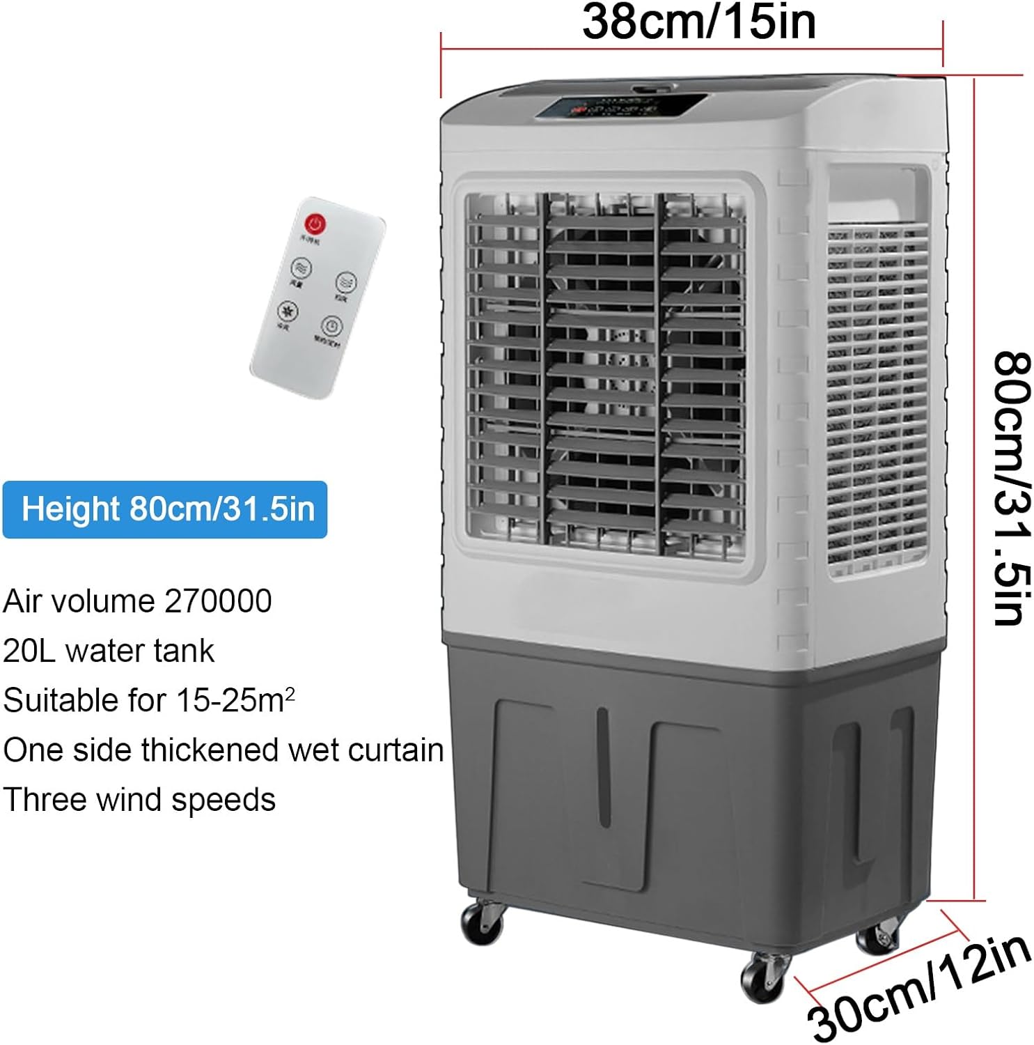 GENERIC Refroidisseur D'air Par évaporation, 1800 CFM, Avec 4 Glacières, Grand Réservoir, Oscillation à 120°, 3 Vitesses, Télécommande, Ventilateur 3 En 1 Pour Extérieur, Bureau, Maison