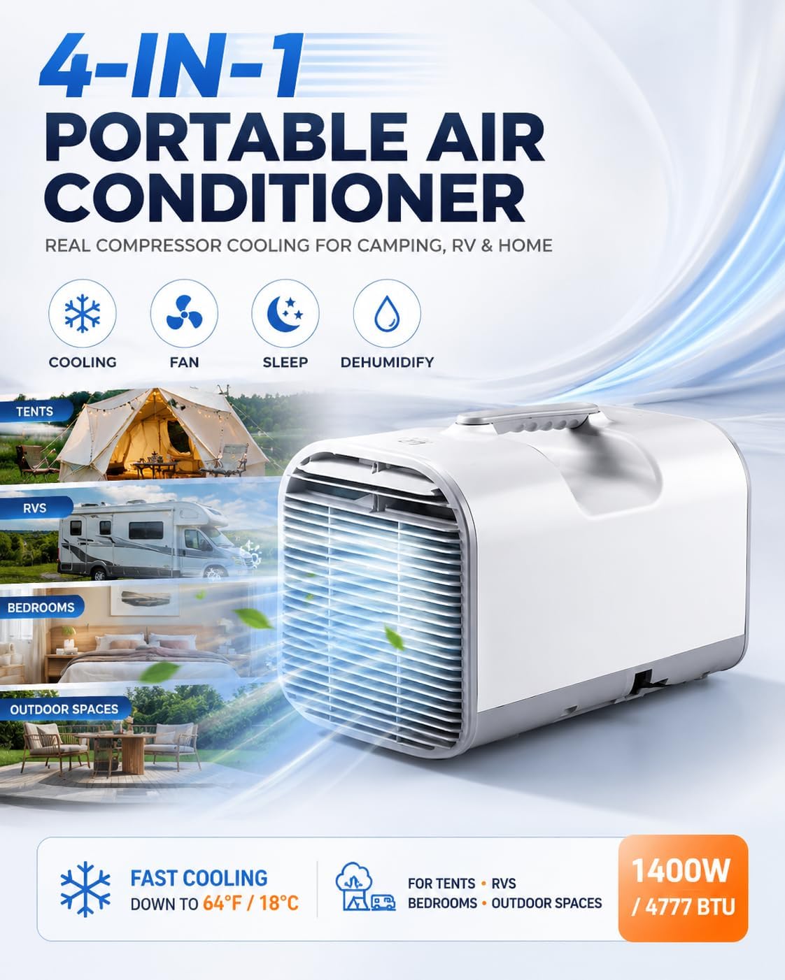  Portable AC Unit 4777 BTU, 4-en-1 Ventilateur De Refroidissement Déshumidificateur Avec Commande Vocale D'application, Climatiseur Portable Autodrainant Pour L'utilisation De Camion De Camion De Tente