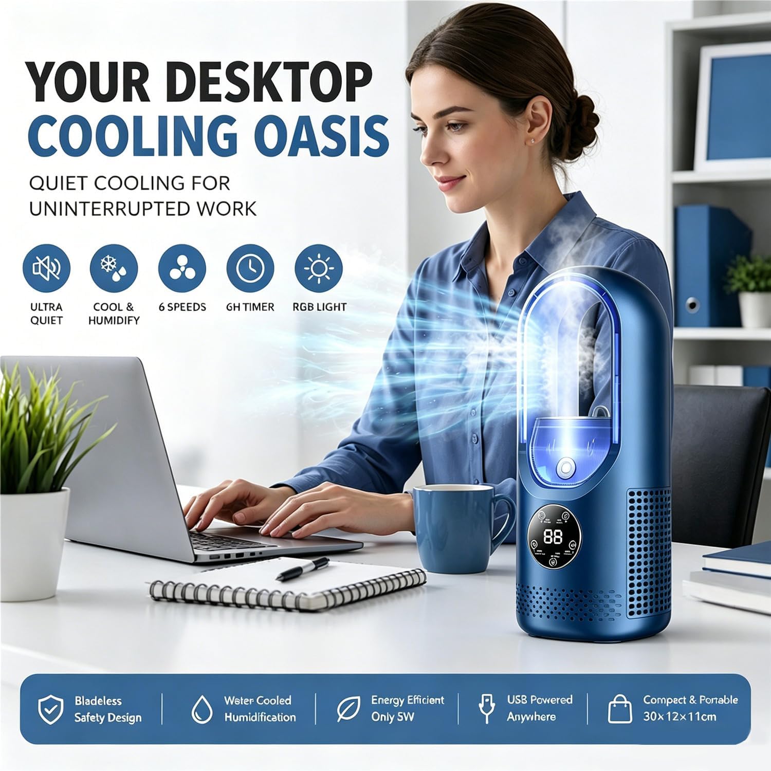 GENERIC Ventilateur De Refroidissement Portable Alimenté Par USB Avec 6 Vitesses De Vent, Fonction D'humidification De 6 Heures Et 3 Secondes Pour Chambre à Coucher, Bureau – Choix