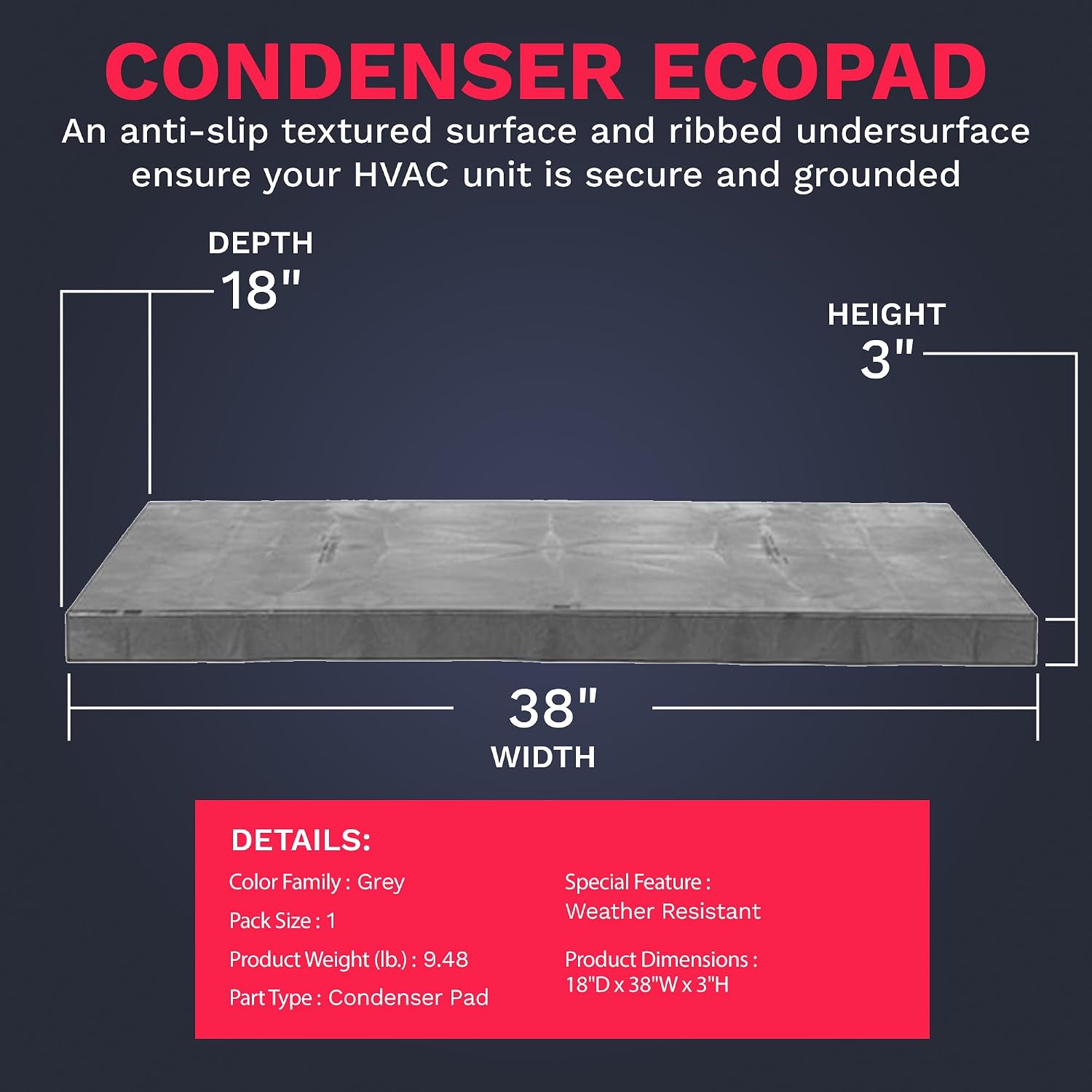  DuctlessAire – Tapis De Condensateur Pour Pompe à Chaleur Sans Conduit Pour Climatiseur – Base De Montage Au Sol Antidérapante Pour Unité CVC – Coussin D'unité De Condensateur Extérieur (45,7 X 96,5 X
