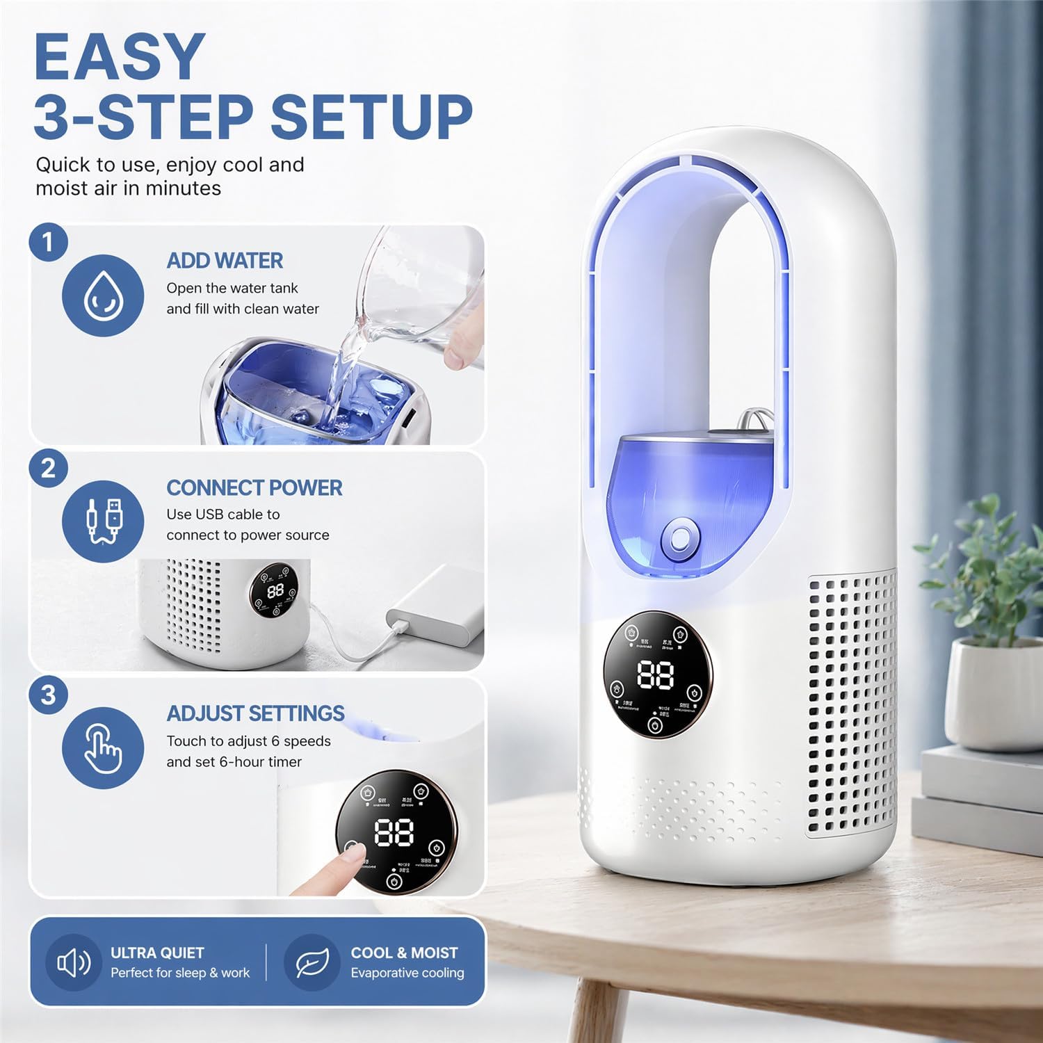 GENERIC Ventilateur De Refroidissement Portable Alimenté Par USB Avec 6 Vitesses De Vent, Fonction D'humidification De 6 Heures Et 3 Secondes Pour Chambre à Coucher, Bureau – Choix