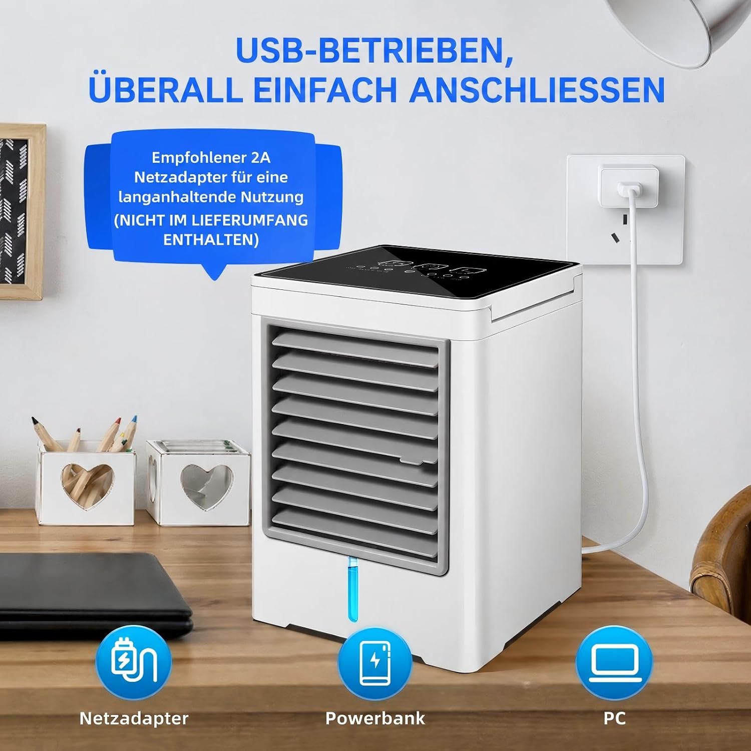 Climatiseur Mobile Portable, Refroidisseur D’Air Silencieux Avec Grand Réservoir D’Eau, Mini Ventilateur De Bureau à Plusieurs Vitesses, Pour Chambre, Bureau, Camping, Voiture, Noir/Blanc