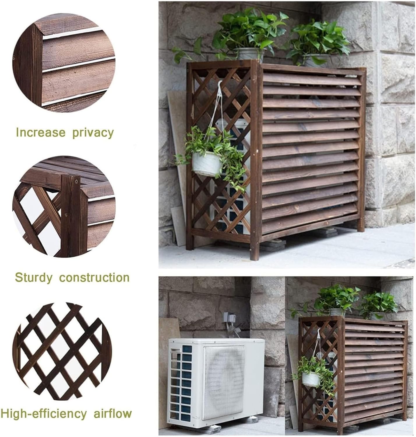  Housse En Bois Massif Pour Climatiseur - Écran De Protection Pour Pompe à Chaleur - Obturateur Multifonction - Poubelle Et Support De Fleurs - Grille AC D'extérieur