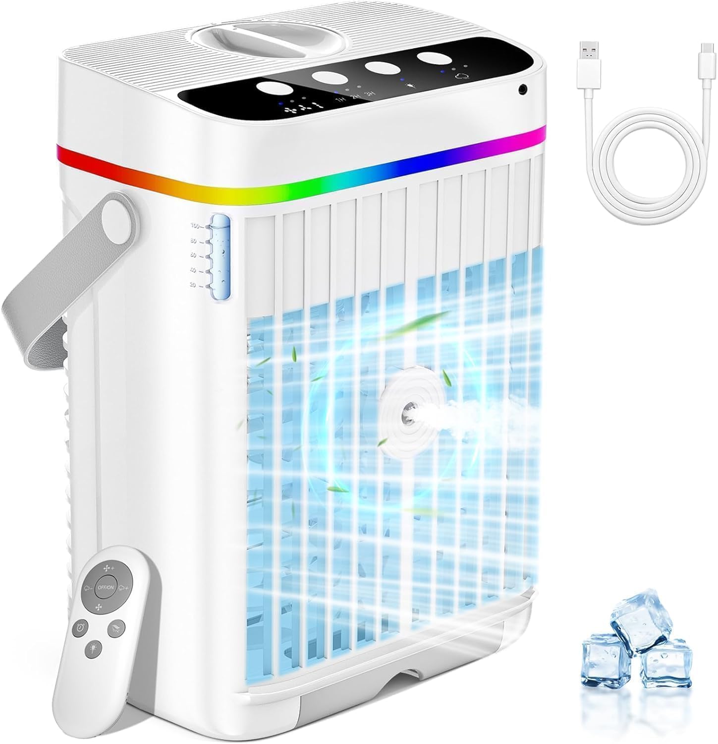  Mini Climatiseur Portable, 4 En 1, Petite Unité AC Pour Chambre à Coucher, Ventilateur De Refroidissement Avec 3 Vitesses Et Brume Froide, Lumière LED, Modes De Fonction Minutée, Unité De