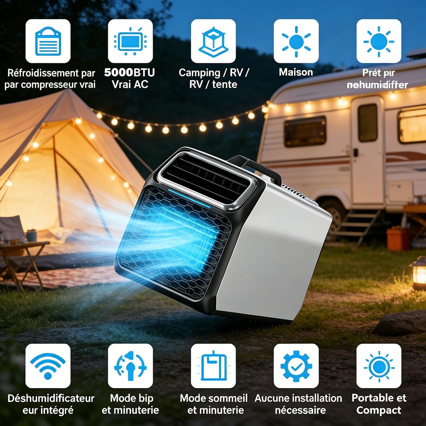  Climatiseur Portable Camping Car 5000 BTU, Climatiseur Pour Camping-Car Tente Camion Voiture, Refroidissement Rapide, Déshumidification, Climatiseur Mobile Silencieux 52 DB, Intérieur Extérieur Silver