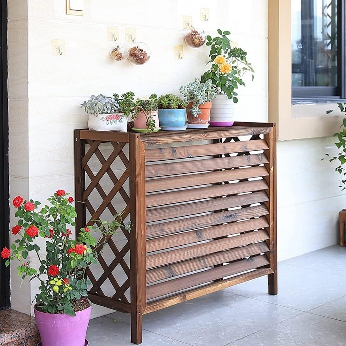  Housse De Protection Pour Climatiseur Extérieur, Clôture En Bois Pour Balcon, Cadre De Support En Bois Massif Pour Climatiseur, Flux De Pompes à Chaleur Dissimulé