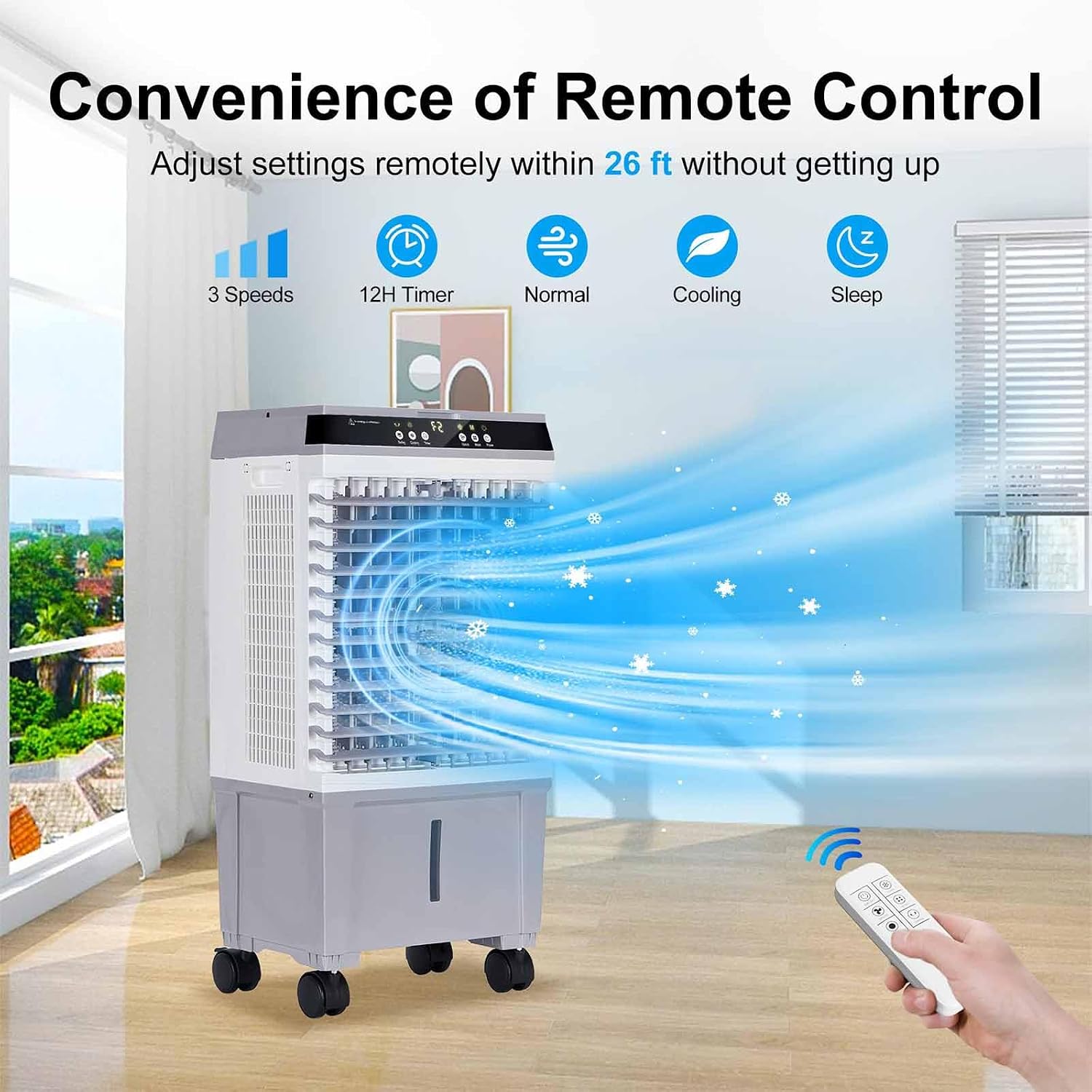 GENERIC Refroidisseur D'air évaporatif Portable, Réservoir D'eau De 40 L, Télécommande, 3 Vitesses, 4 Roues, Minuterie De 12 H, Pour Intérieur De 20 à 30 ㎡, Cour, Garage