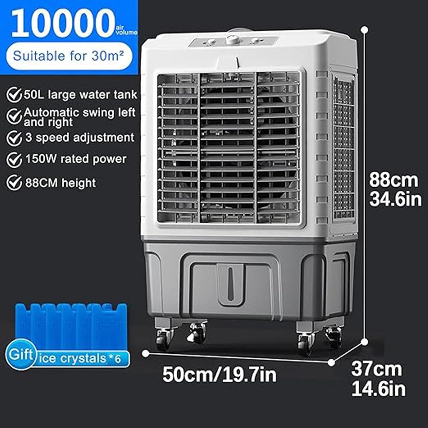 GENERIC Refroidisseur D'air Portable Avec Réservoir De 50L, Ventilateur De Brumisation à 3 Vitesses Pour Usage Industriel à La Maison, Refroidisseur De Marais évaporatif à Télécommande, Conception à Roues Sil