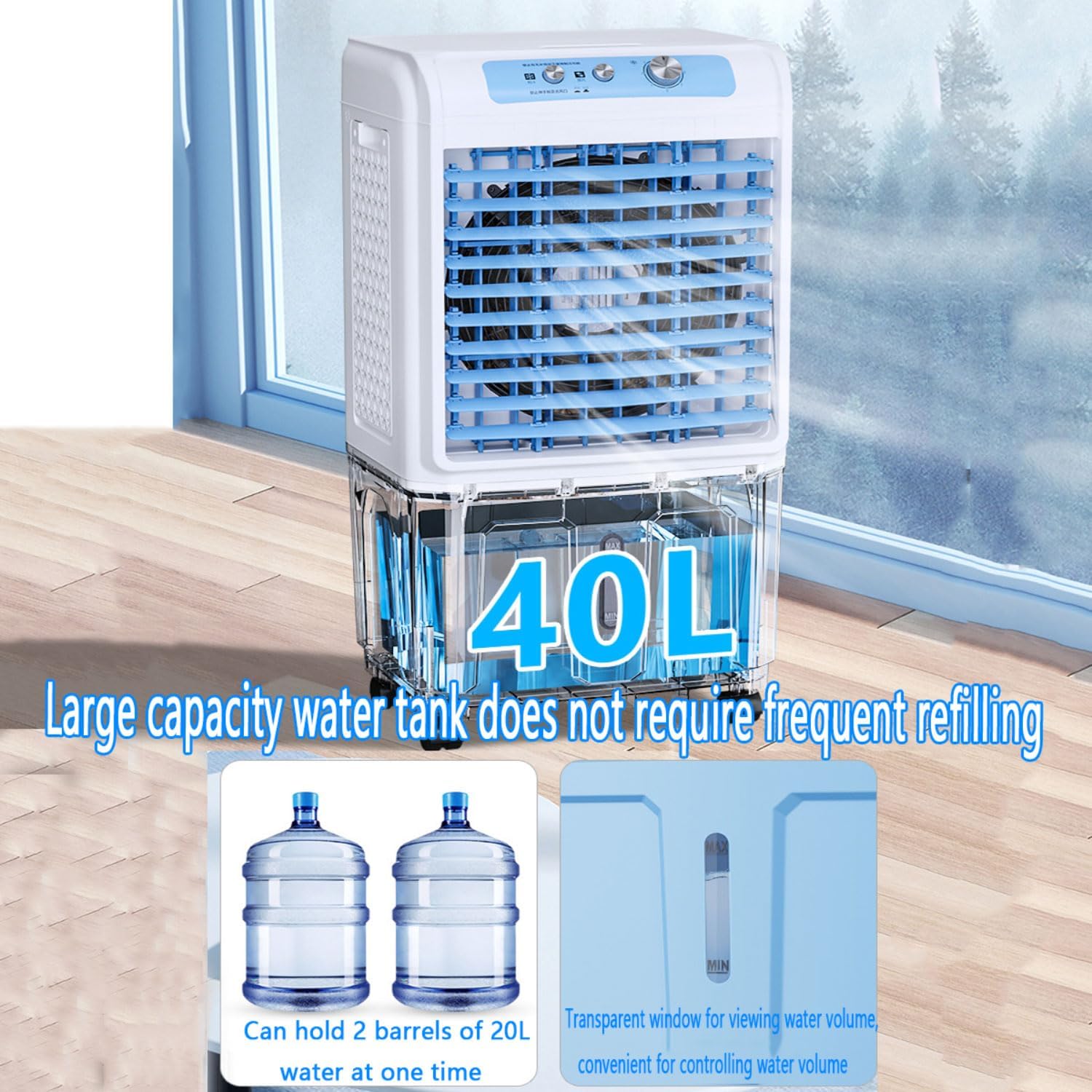  Climatiseur Portable Avec Réservoir D'eau De 40 L, Refroidisseur D'air Avec Blocs Réfrigérants, Ventilateur à Refroidissement Par évaporation, Oscillation à 120°, 36 DB,