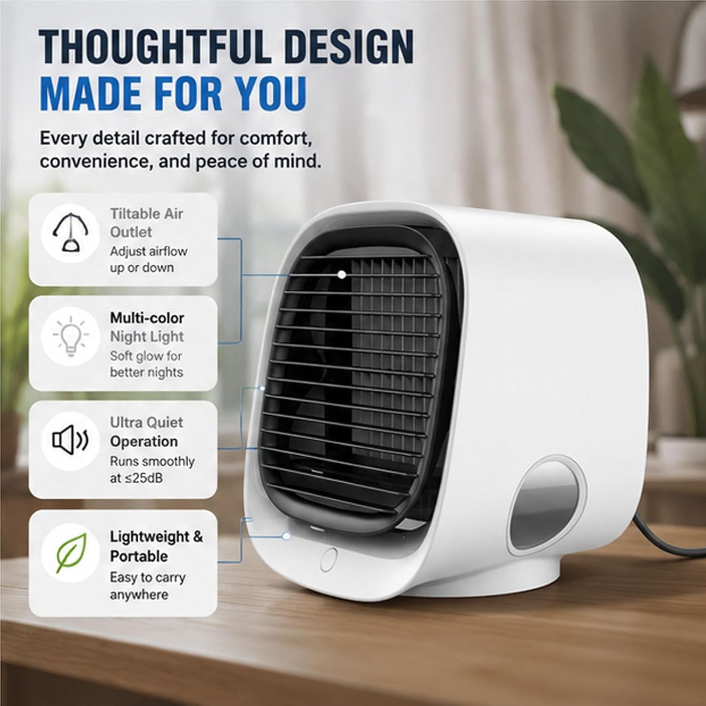 GENERIC Mini Ventilateur De Refroidissement Portable, Version 2026 Améliorée, Avec 3 Vitesses De Refroidissement Et Réservoir De 300 Ml, Ultra-silencieux, Idéal Pour La Chambre, Le Bureau Ou La Maison Pink