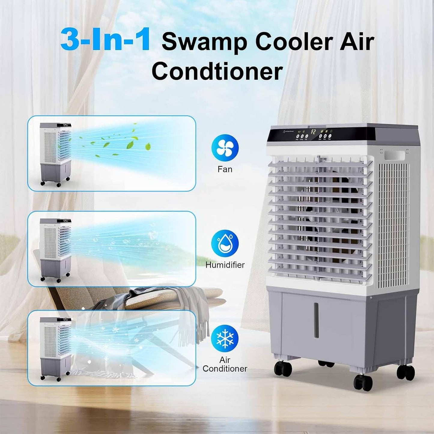 GENERIC Refroidisseur D'air évaporatif Portable, Réservoir D'eau De 40 L, Télécommande, 3 Vitesses, 4 Roues, Minuterie De 12 H, Pour Intérieur De 20 à 30 ㎡, Cour, Garage