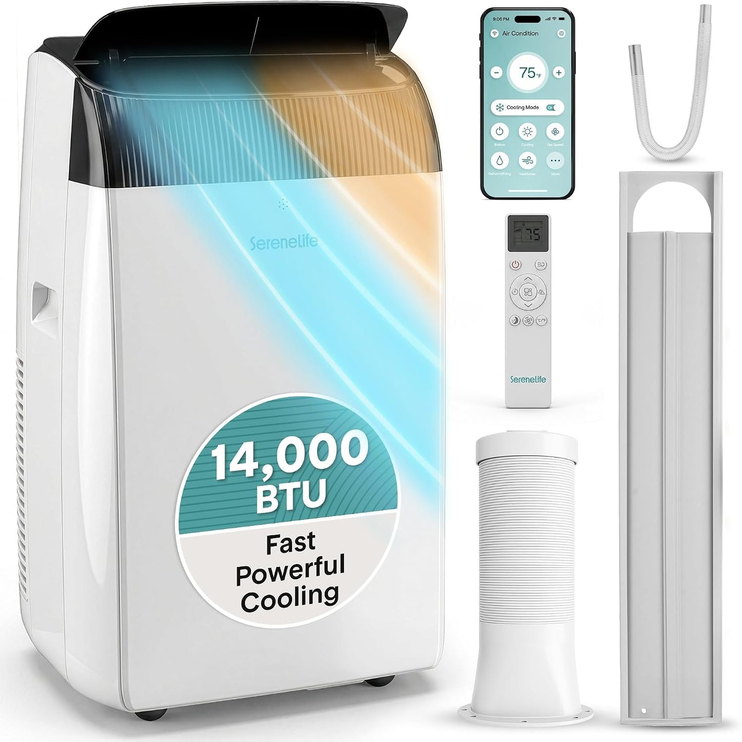  SereneLife Climatiseur Avec Tuyau D'évacuation - Mobile - Wi-Fi 14000 BTU - 3 En 1 - Refroidissement Et Déshumidification - Climatiseur Avec Kit De Fenêtre - Affichage LED - Mode Silencieux Et Veille