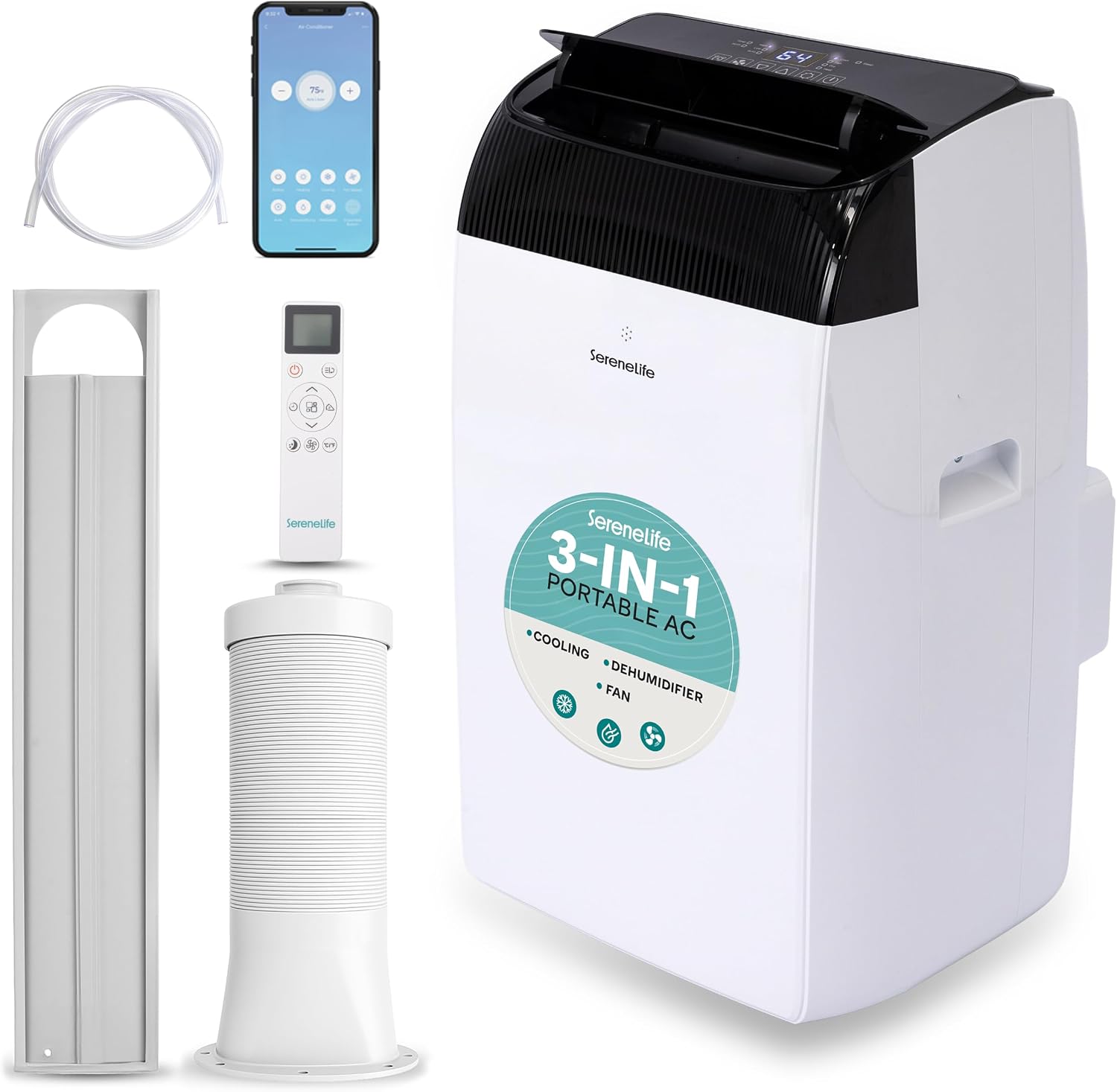  SereneLife Climatiseur Avec Tuyau D'évacuation - Mobile - Wi-Fi 14000 BTU - 3 En 1 - Refroidissement Et Déshumidification - Climatiseur Avec Kit De Fenêtre - Affichage LED - Mode Silencieux Et Veille