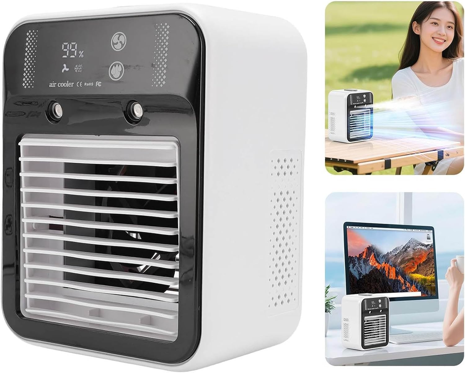 GENERIC Refroidisseur D'air Portable, 3000 MAh Rechargeable Par USB, Mini Climatiseur Avec Brume Et Affichage Numérique, Faible Bruit Pour Le Sommeil Au Bureau, 2 Modes D'humidification/vent Normal