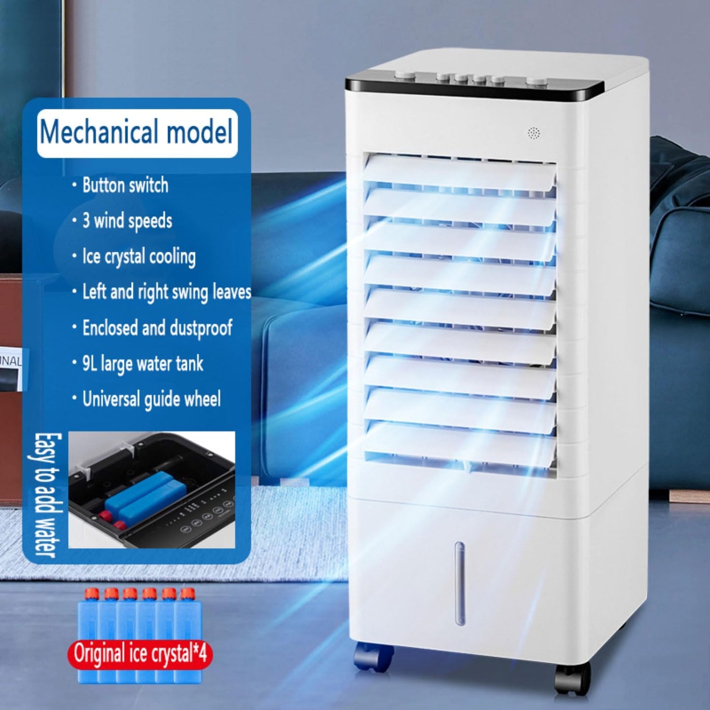 GENERIC Climatiseur Portable, Refroidisseur évaporatif Avec Réservoir D'eau 9L Et 4 Boîtes à Glace, Oscillation à 90 °, Ventilateur De Refroidissement à 3 Vitesses Pour La Maison, Bureau, Garage