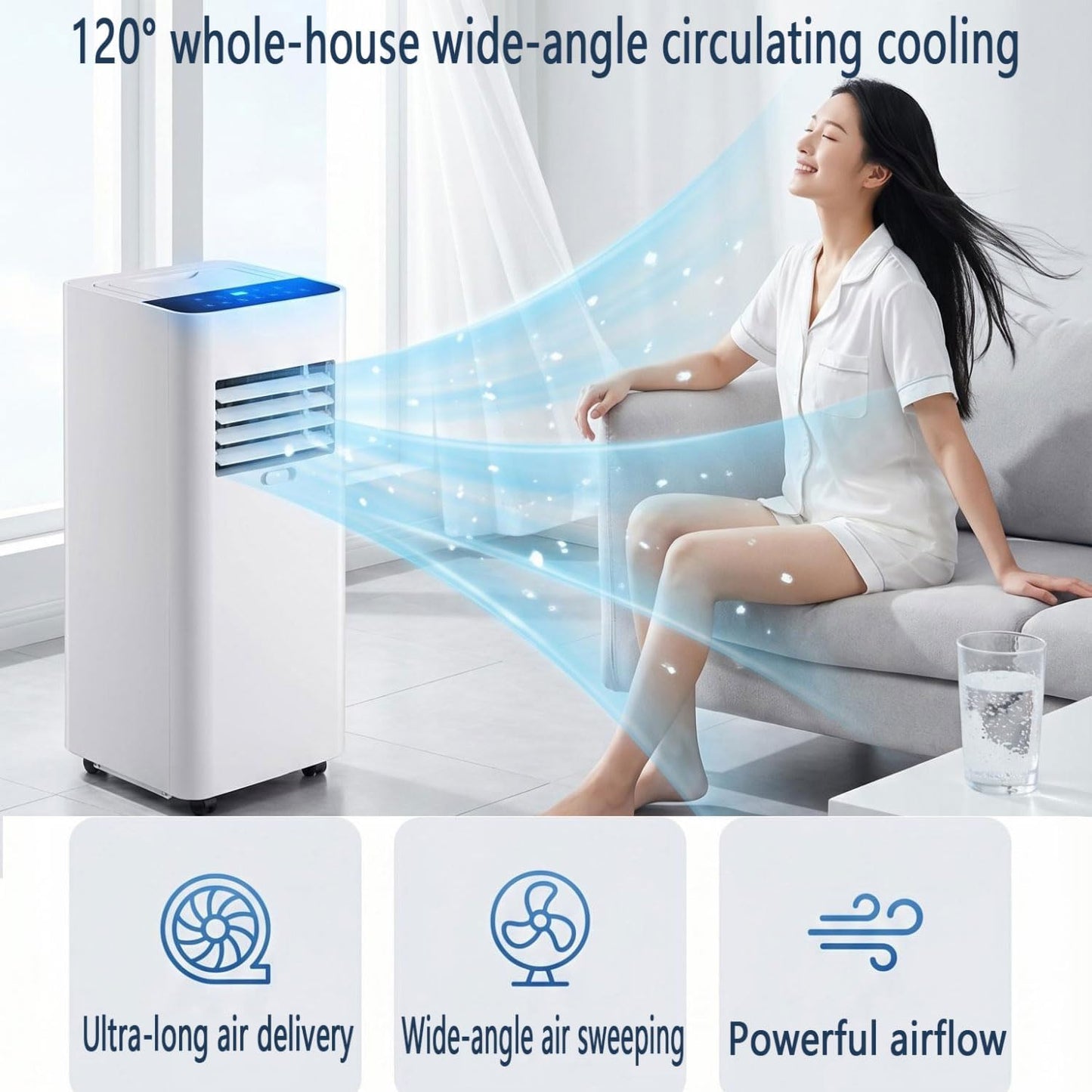 GENERIC Climatiseur Portable De 7000 BTU Pour Grandes Pièces Et Chambres Jusqu'à 300 M², Ventilateur De Refroidissement Intelligent Ultra Silencieux De 30 DB Avec Ventilateur Déshumidificateur, Mode Veille Et