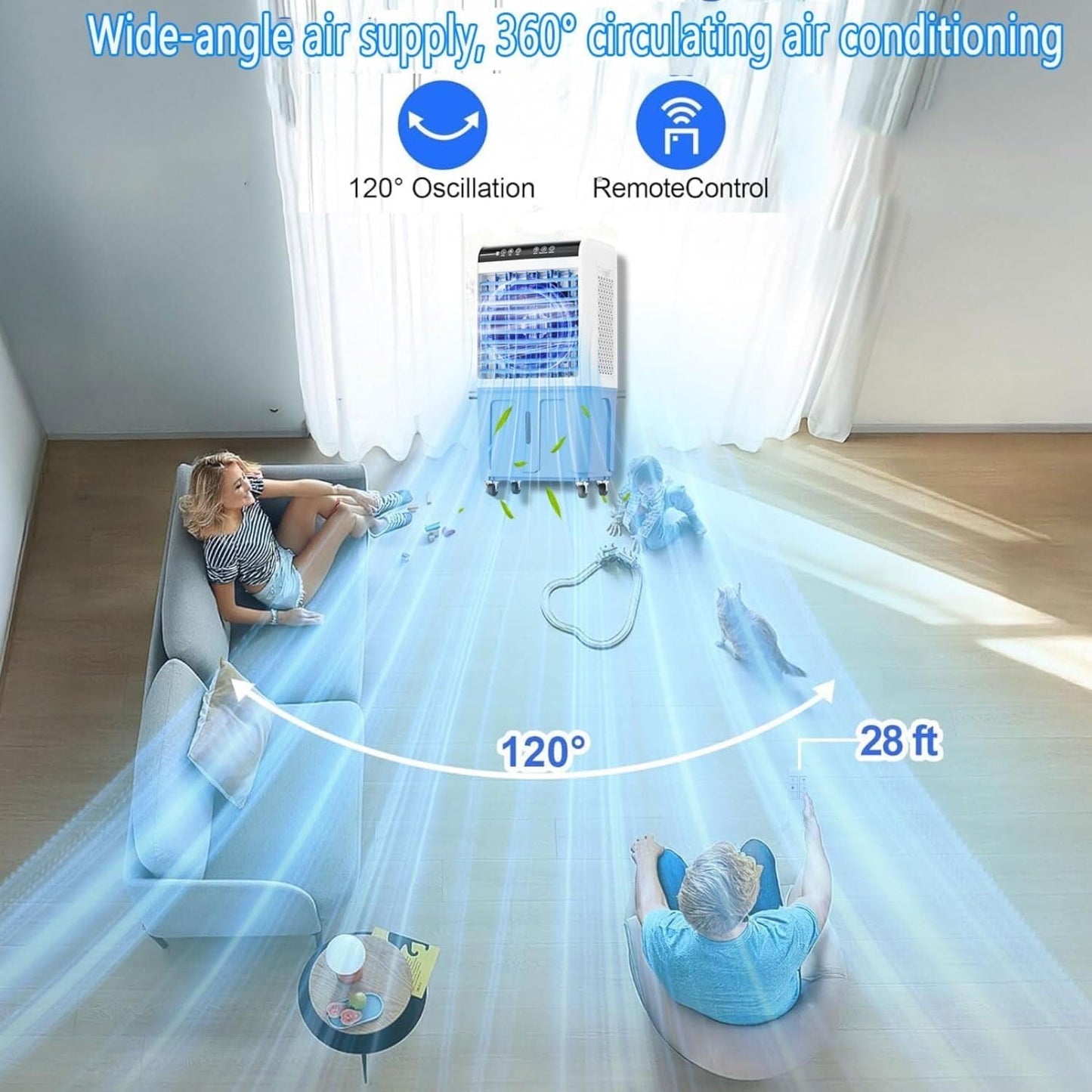 Refroidisseur D'air évaporateur Mobile Avec Grand Réservoir D'eau Et 3 Niveaux De Ventilateur, Oscillation à 120° Et Télécommande, Refroidissement Puissant Pour La Maison, Le Garage Et La Serre