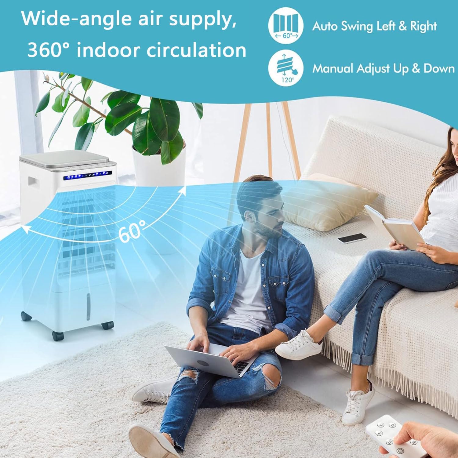  Climatiseur Portable 3 En 1 Ultra Silencieux, Ventilateur De Refroidissement à 3 Vitesses, Oscillation Automatique à 60 °, Minuterie De 7 Heures, 4 Glacières, Refroidisseur D'air Par évaporation Pou