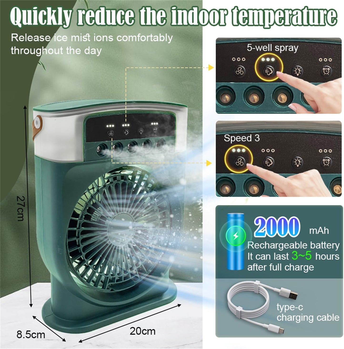  Climatiseur Portable Silencieux 4 En 1 - Ventilateur Brumisateur Eau, Mobile Sans Évacuation, Mini, Rechargeable - Clim Humidificateur Type-C Avec Minuterie (Blanc)