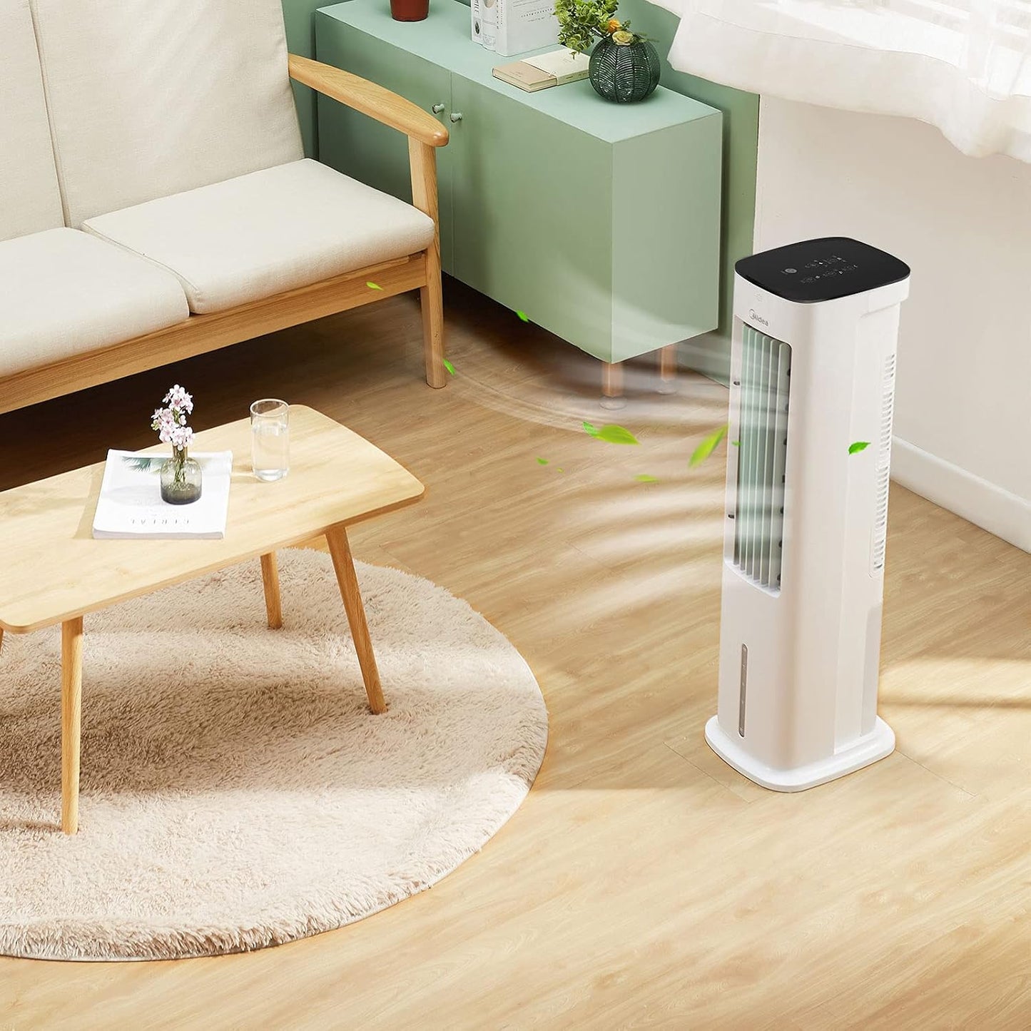  Midea Refroidisseur D'air 4 En 1, Ventilateur Avec Refroidissement à Eau 5L, Humidificateur Et Ionisation, Climatiseur Sans Tuyau D'évacuation, 355m³/h, Avec Télécommande, 55W, Blanc