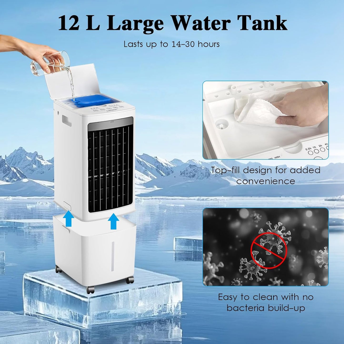  Rafraîchisseur D'Air 25L, Grand Climatiseur Évaporatif Portable, Télécommande & Minuterie, 2 Packs De Glace, Idéal Pour Grand Salon