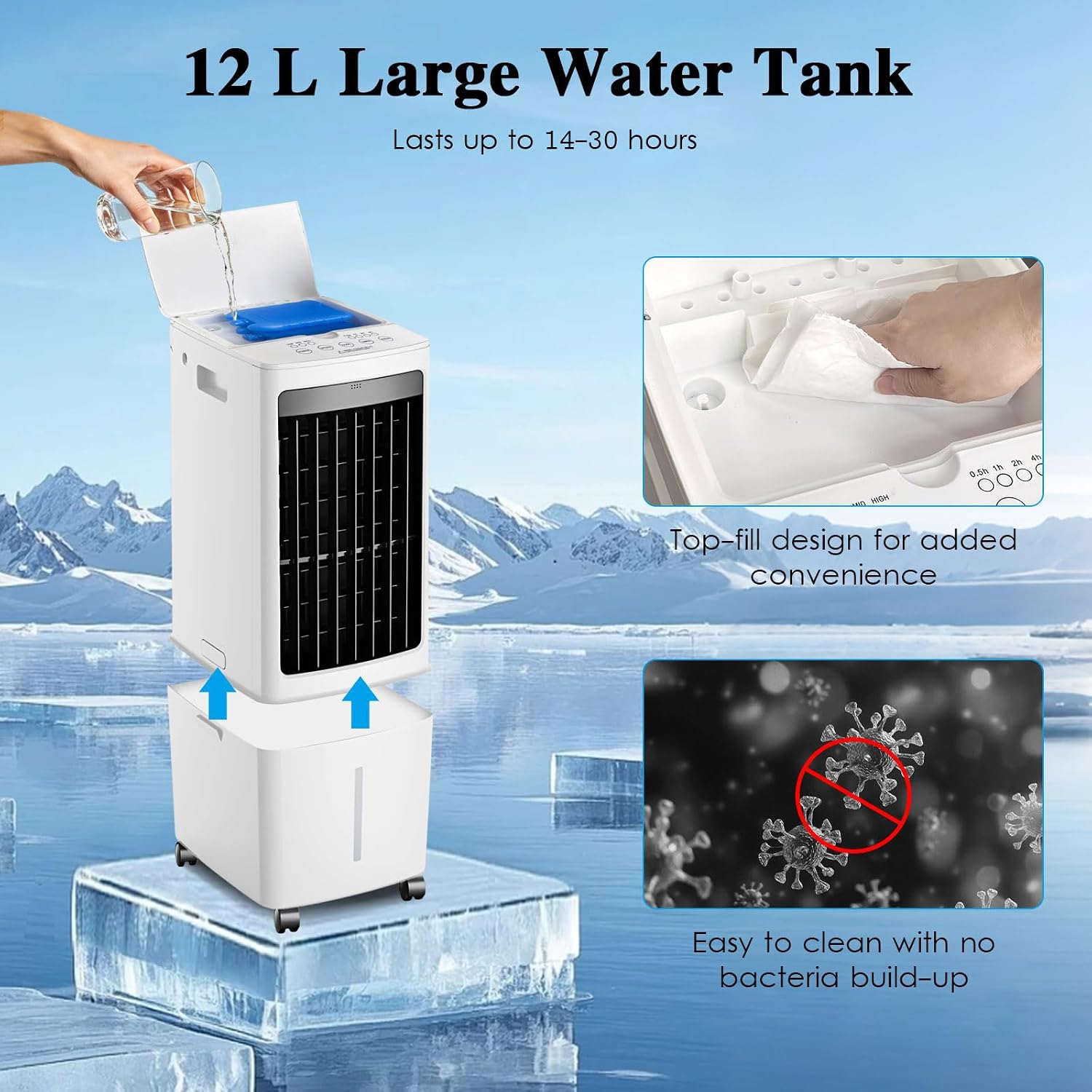  Rafraîchisseur D'Air 25L, Grand Climatiseur Évaporatif Portable, Télécommande & Minuterie, 2 Packs De Glace, Idéal Pour Grand Salon