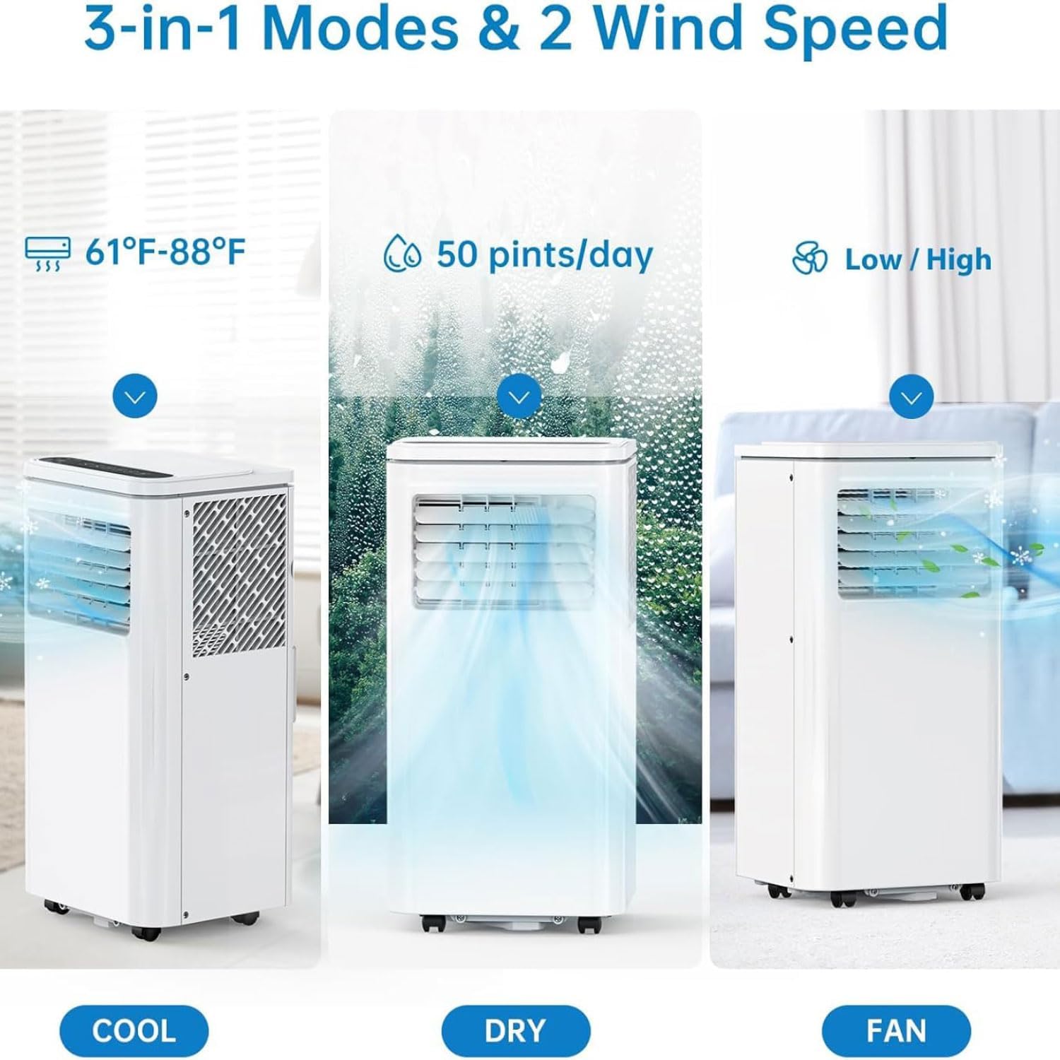  Climatiseur Portable Silencieux Smart Portable AC Avec Déshumidificateur De Refroidissement Intégré Et Modes Ventilateur Pour La Pièce Jusqu'à 350 Sq.ft Conditioner Télécommande 24 Heures Minuterie, K