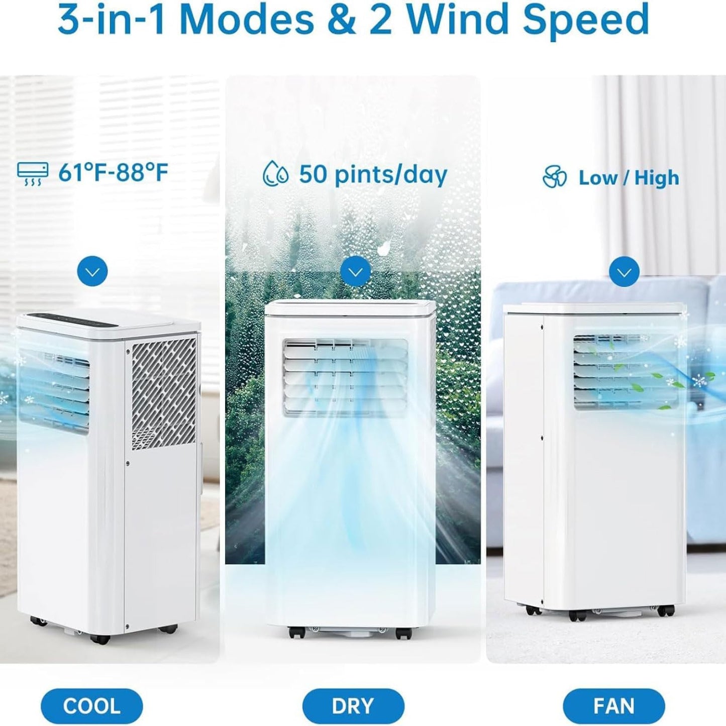 Climatiseur Portable Refroidit 350 Sq.Ft, Unité De Climatisation Silencieuse Avec Ventilateur, Déshumidificateur, Affichage LED, Télécommande, Minuterie 24H, Kit De Fenêtre Pour Chambre à Coucher, Bur