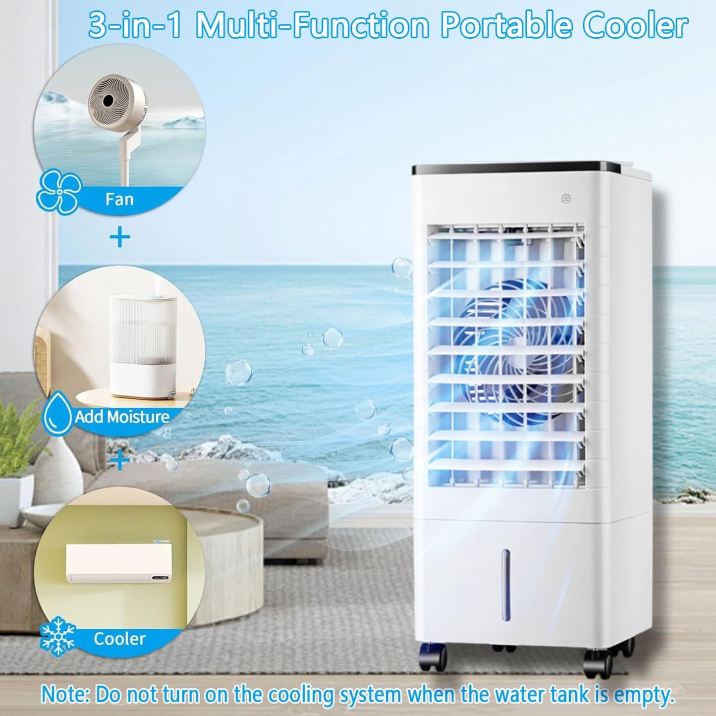  Climatiseur Portable, Rafraîchisseur D'air Par évaporation Avec Réservoir D'eau De 9 L Et 4 Compartiments à Glaçons, Oscillation à 90°, Ventilateur à 3 Vitesses Pour La Maison, Le Bureau Et Le Garag