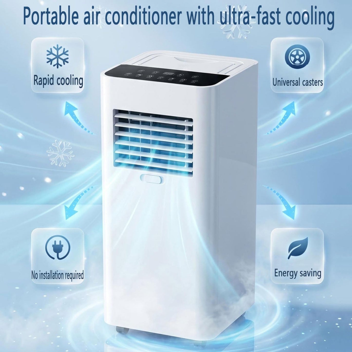 GENERIC Climatiseur Portable De 7000 BTU Pour Grandes Pièces Et Chambres Jusqu'à 300 M², Ventilateur De Refroidissement Intelligent Ultra Silencieux De 30 DB Avec Ventilateur Déshumidificateur, Mode Veille Et