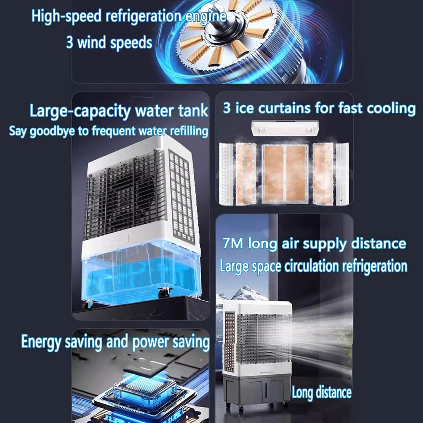 GENERIC Refroidisseur D'air Par évaporation Portable Avec Réservoir D'eau, 3 Vitesses, Minuterie 12h, Poche De Glace, Oscillation à 120°, Idéal Pour Garage Et Utilisation Industrielle Commerciale
