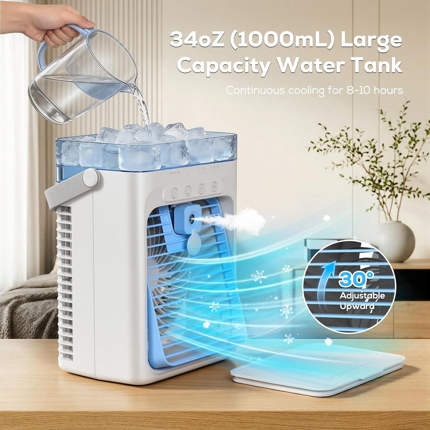  Climatiseur Mobile, 1000ML Climatiseur Portable, Rafraîchisseur D'air évaporatif Personnel, 3 Vitesses, Ventilateur Rafraîchissant Pour Voiture, Bureau, Camping, Chambre, Bureau