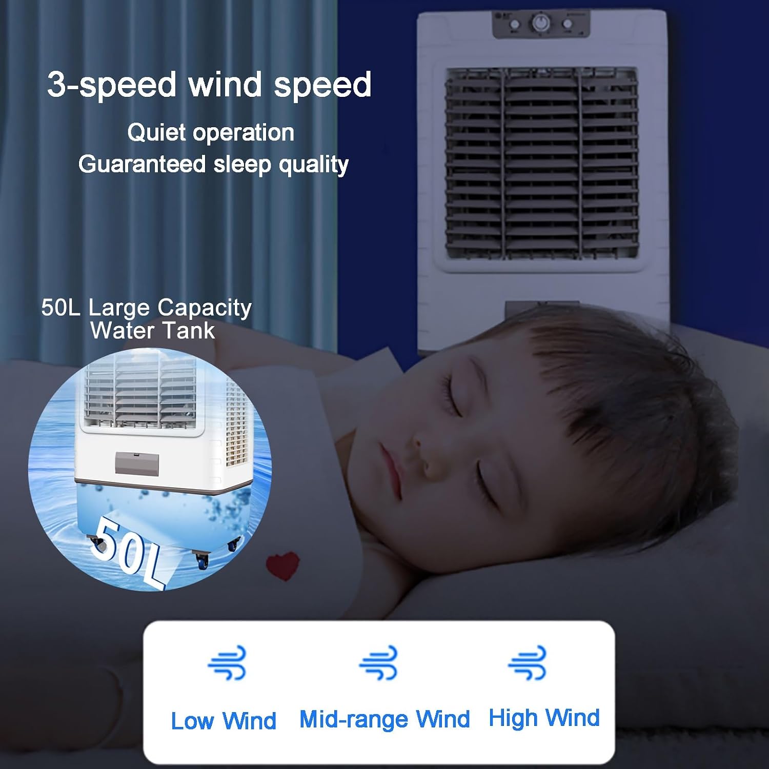 GENERIC Refroidisseur D'air Par évaporation, Refroidisseur De Marais Avec Oscillation à 120°, Ventilateur De Refroidissement Avec Réservoir De 50 L, Ventilateur De Refroidissement Extérieur, 3 Vitesses, 6