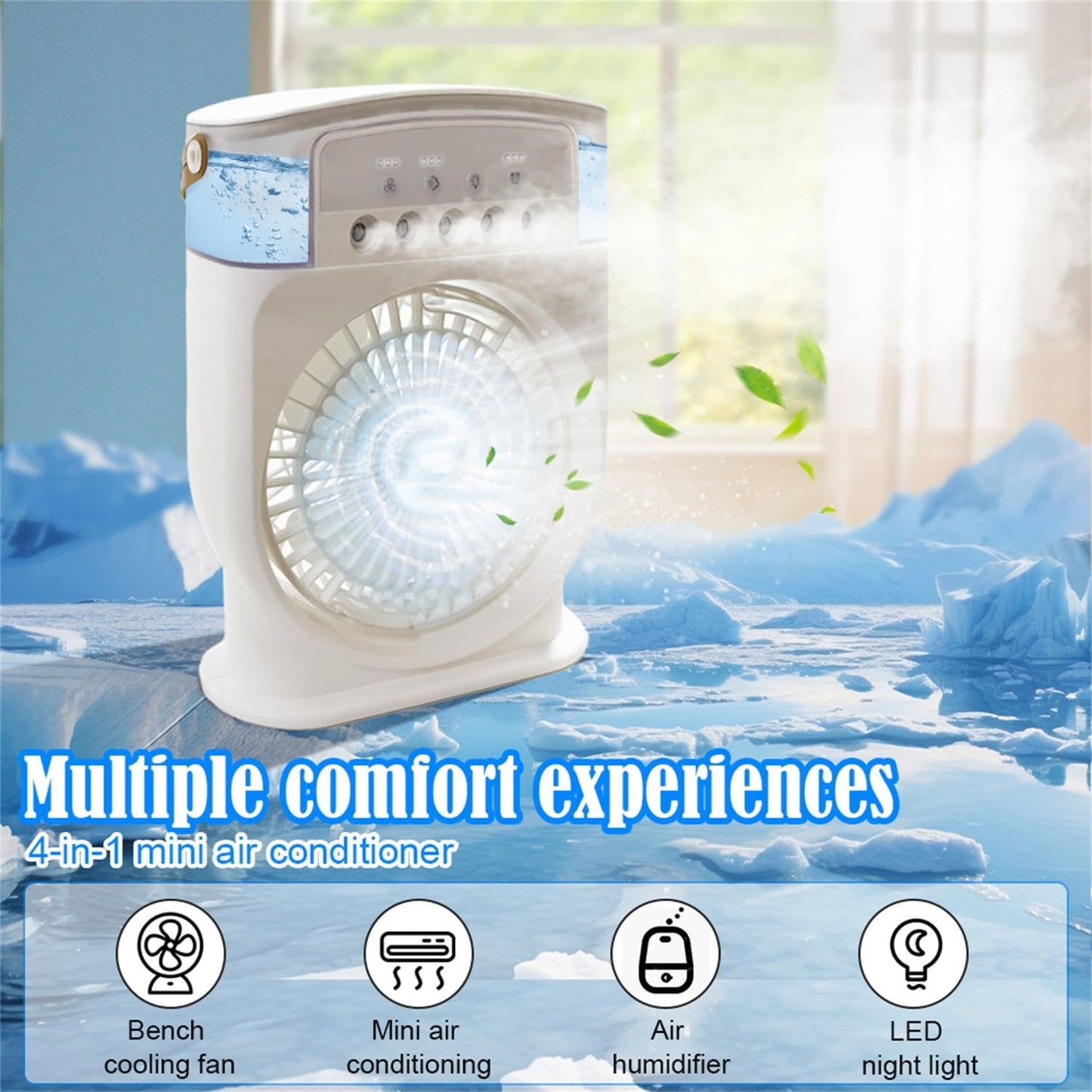  Climatiseur Portable Silencieux 4 En 1 - Ventilateur Brumisateur Eau, Mobile Sans Évacuation, Mini, Rechargeable - Clim Humidificateur Type-C Avec Minuterie (Blanc)